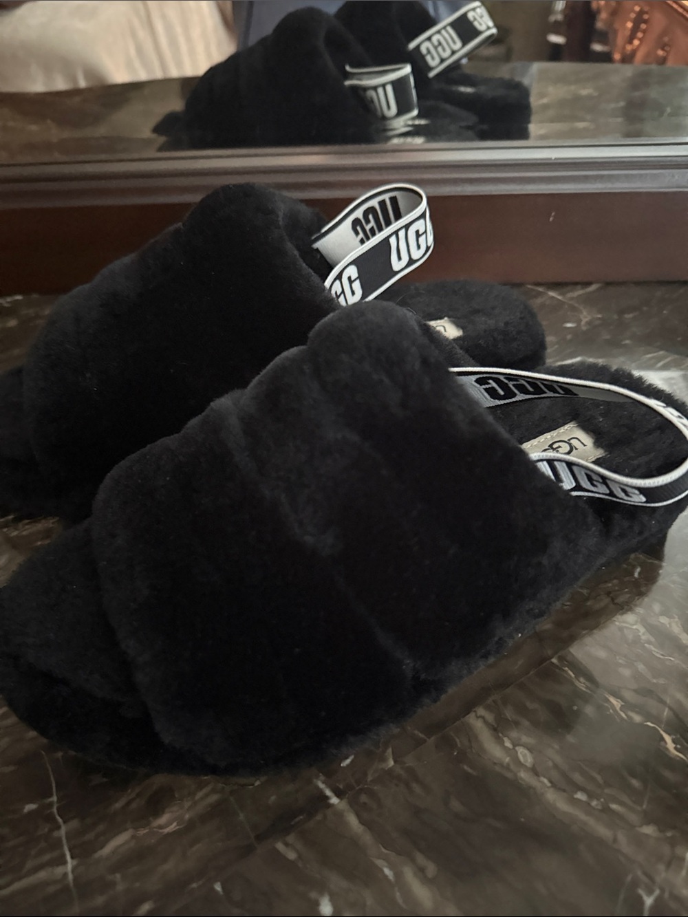 UGG Black Plush Slide Slippers with Logo Heel Strap